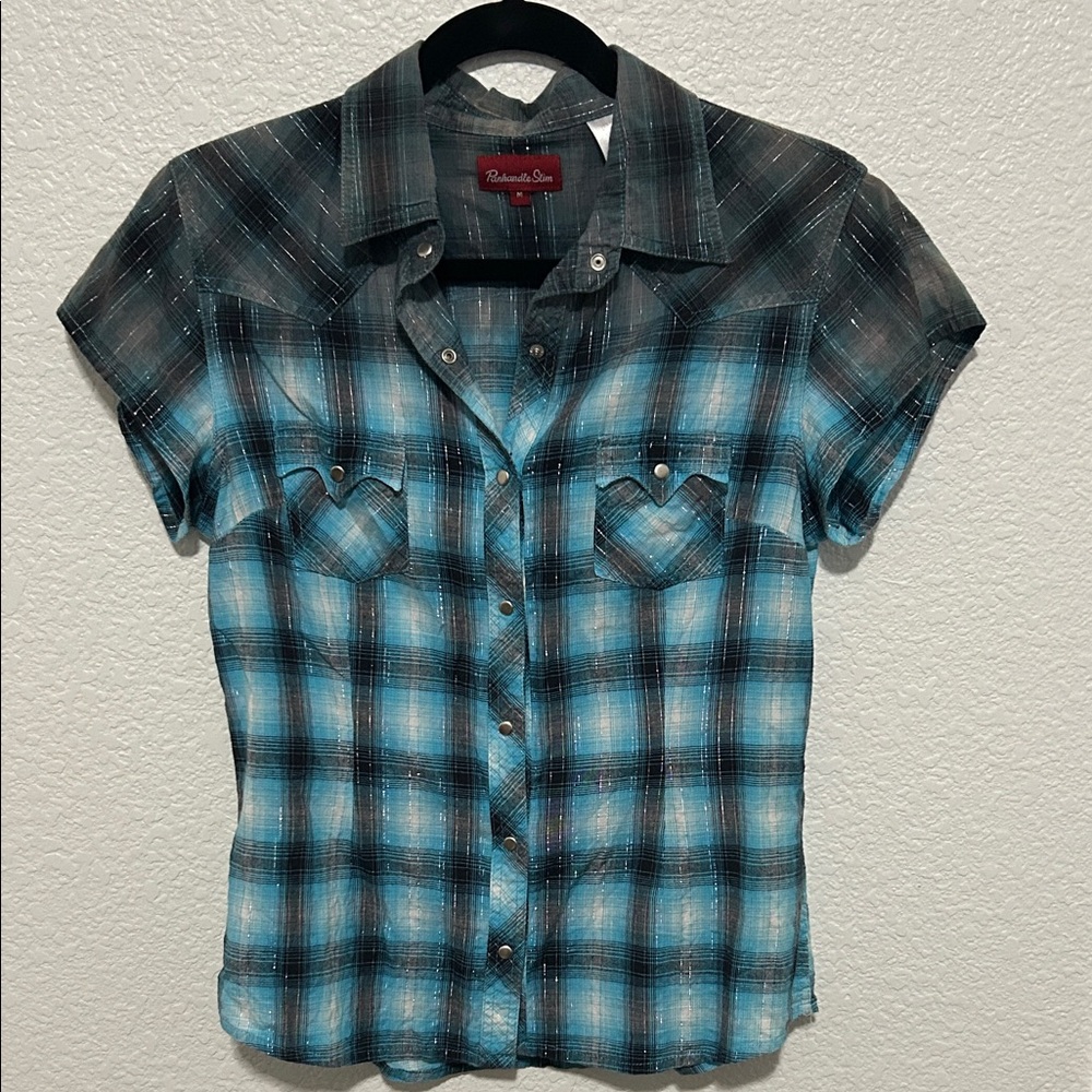 Panhandle Slim Blue and Black Plaid Blouse